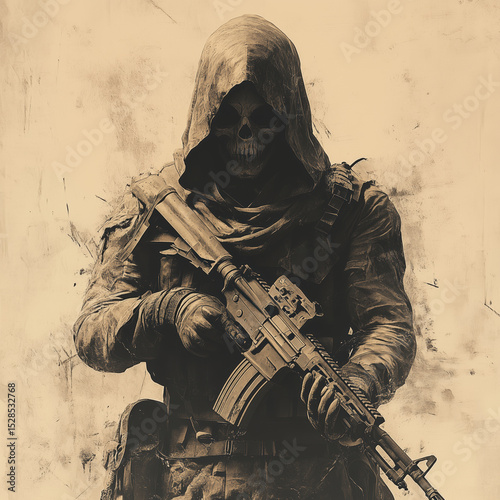 A shadowy grim reaper in a dark hooded cloak, holding an assault rifle, with an Ace of Spades patch, against a grunge background.