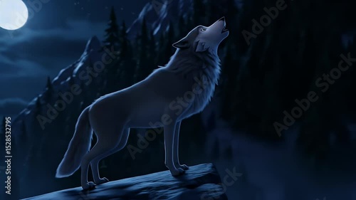Wolf Animation Howling at Full Moon on Cliff Edge in Night Forest Scene