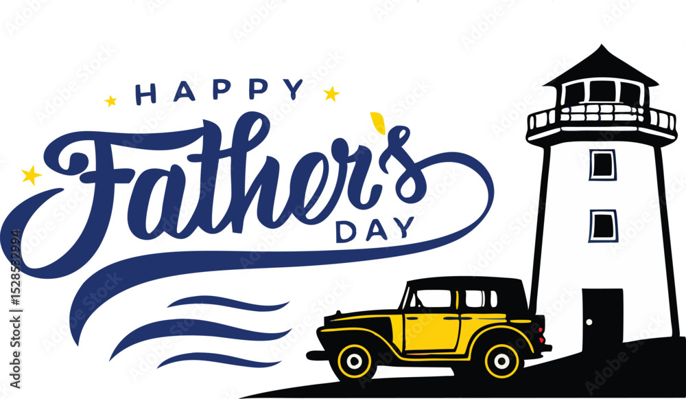 Naklejka premium Happy Father's Day Typography with Vintage Car and Lighthouse | Retro Greeting Card Design
