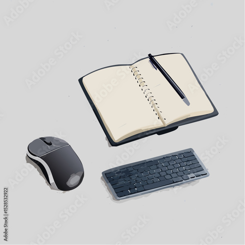 A wireless mouse and keyboard beside a notebook, arranged neatly on a concrete-textured surface.