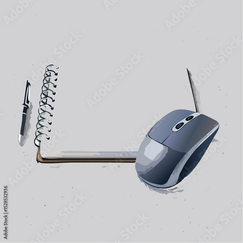 A wireless mouse and keyboard beside a notebook, arranged neatly on a concrete-textured surface.