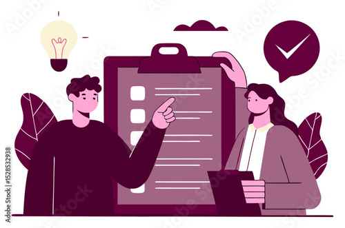 Two individuals collaborate on a task, with one pointing to a checklist and a lightbulb symbolizing new ideas.