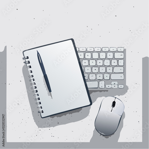 A wireless mouse and keyboard beside a notebook, arranged neatly on a concrete-textured surface.
