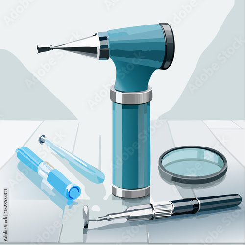 An otoscope with disposable specula arranged neatly on a ceramic desktop in clean, bright lighting.
