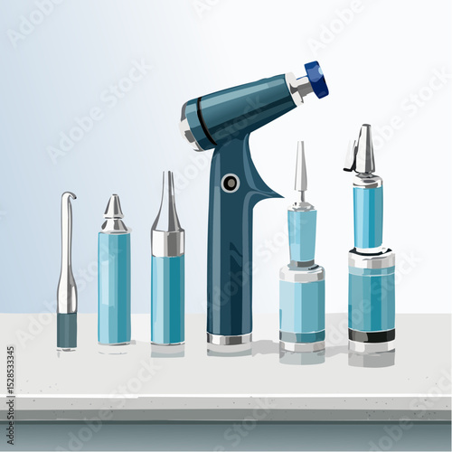 An otoscope with disposable specula arranged neatly on a ceramic desktop in clean, bright lighting.