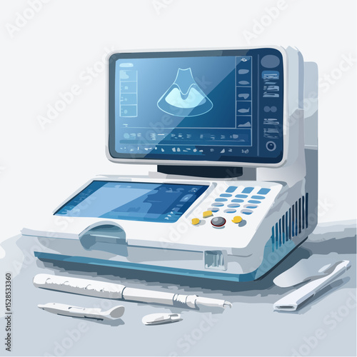 A portable ultrasound scanner arranged neatly on a table in bright, clean lighting.