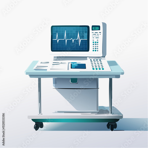 An ECG machine with printout arranged neatly on a table with legs, shown in clean, bright lighting.