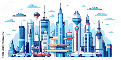 A detailed illustration of a futuristic cityscape, featuring a variety of tall, modern buildings, advanced vehicles, and flying contraptions against a clear sky.