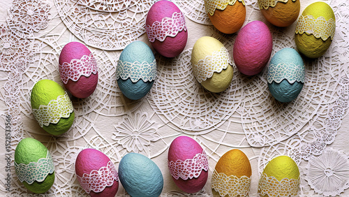 Colorful decorated Easter eggs on lace background