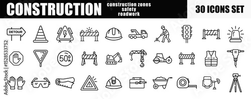 A diverse set of 30 black and white line icons related to construction, including safety gear, tools, and road signs.
