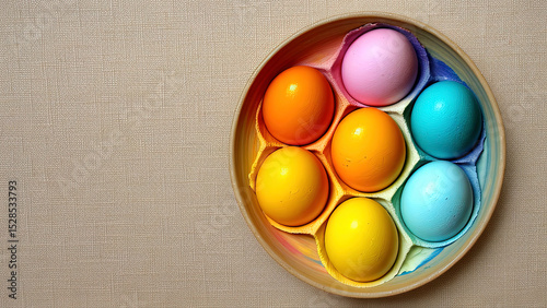 Colorful Easter eggs in a woven bowl on a textured background