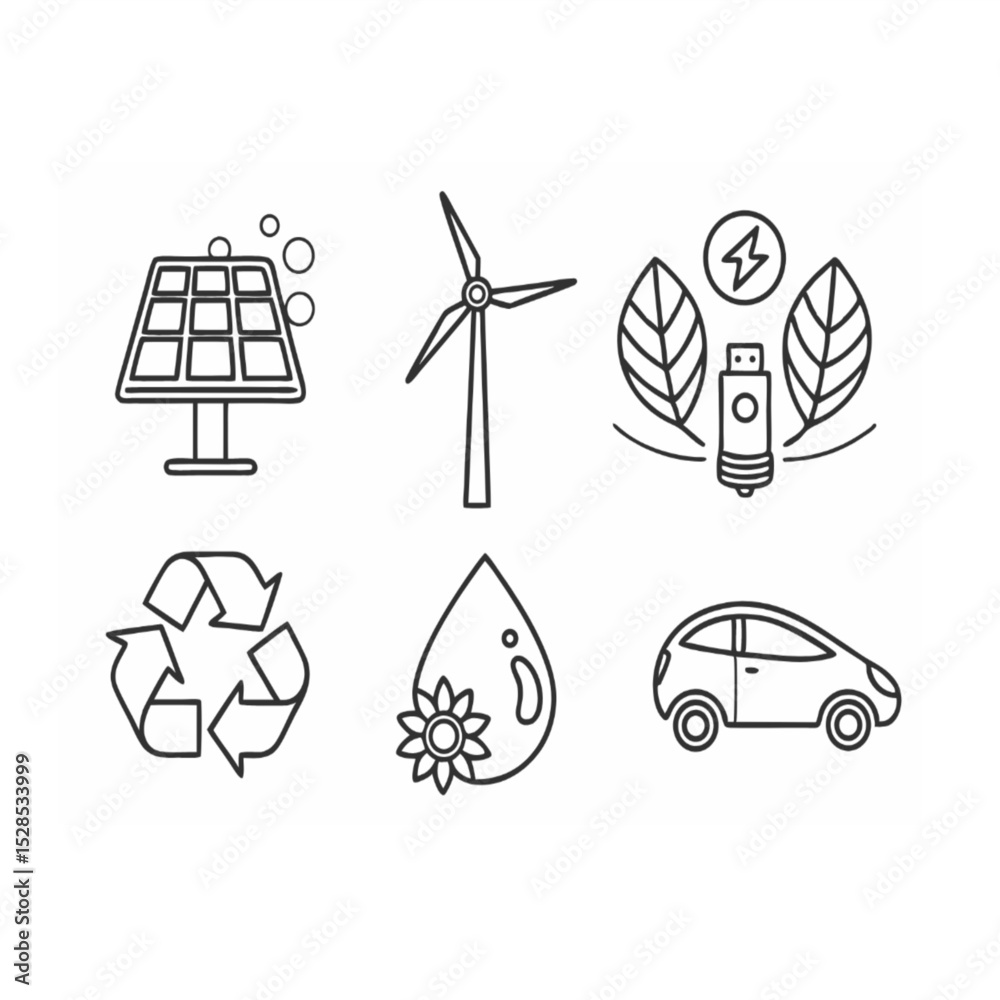 Fototapeta premium Green Energy and Eco-Friendly Line Icons Set - Solar Panel, Wind Turbine, Sustainable Power, Recycle, Water Drop, Electric Car