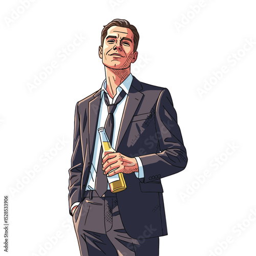Confident Man in Suit with Beer Bottle – Cartoon Vector for Party Lifestyle