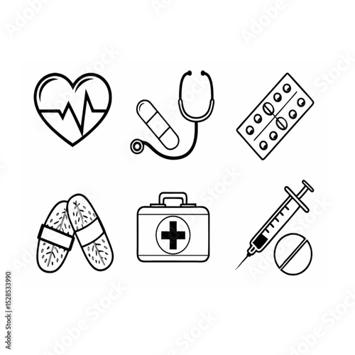 Medical and Healthcare Line Icons Set - Heartbeat, Stethoscope, Pills, First Aid Kit, Syringe