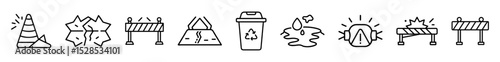 A series of black and white line icons featuring various road construction and hazard signs, including cones, barriers, and safety symbols.