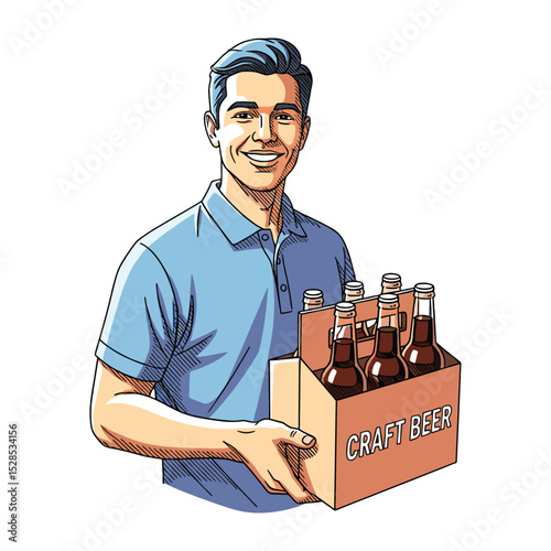 Man Holding Craft Beer Box – Cartoon Vector for Beverage Branding