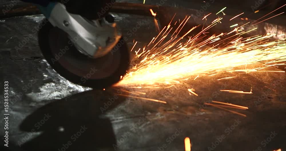 Male hand cuts off pieces of water pipe with angle grinder. Cutting of a steel with splashes of sparks at construction site. Sparks during cutting of metal angle grinder