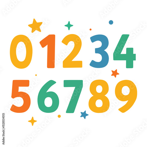 Colorful numbers from 0 to 9 with decorative stars and dots. Flat cartoon vector style on white background. Educational material and counting concept for kindergarten and preschool learning
