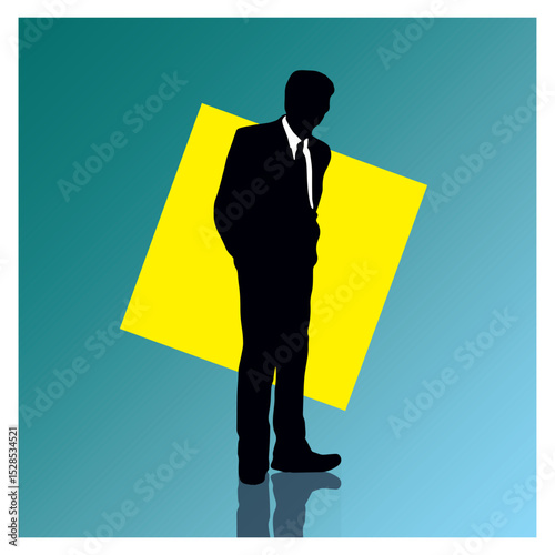 Businessman Silhouette with Yellow Geometric Shape on Gradient Blue Background – Minimalist Vector Illustration for Posters and Covers.