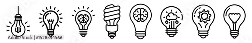 A collection of black and white line icons depicting various light bulbs, some with internal elements like a brain, symbolizing ideas and innovation.
