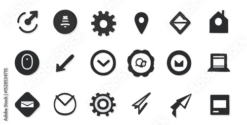 Assortment of simple dark gray interface glyphs arranged in rows on white
