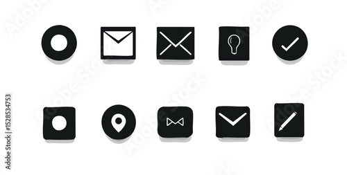 Icons array circle envelope lightbulb checkmark location bow tie pen on square 2 rows