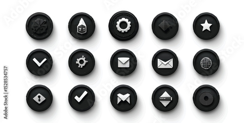 Circular buttons black with silverwhite icons arranged in rows on a white background casting shadows