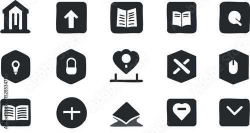 Fifteen assorted dark icons arranged in three rows of five
