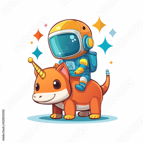 Cute chibi-style robot riding on Godzilla's back, colorful cartoon vector art, playful theme, centered for t-shirt print