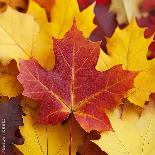 Vibrant autumn maple leaf amidst fallen foliage photo