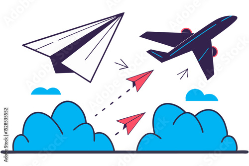 A modern flat illustration showing different types of airplanes and paper planes soaring through the sky above clouds, symbolizing travel, ambition, or communication.