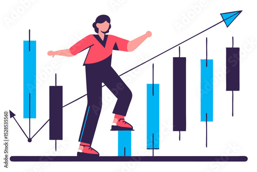 A person confidently walks up a rising bar chart, symbolizing progress and upward movement towards a goal, indicated by a paper plane.