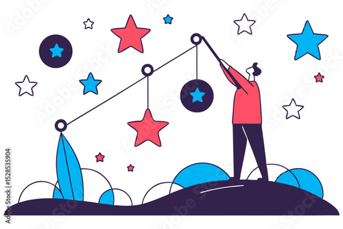 A person uses a tool to connect with and collect stars, symbolizing achievement and reaching for goals.