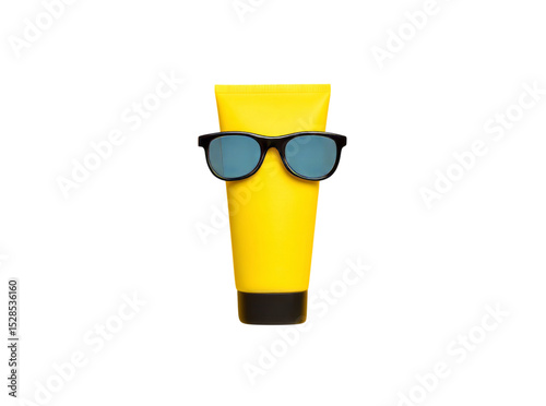 Yellow sunscreen tube wearing sunglasses summer protection, Isolated On Transparent Background