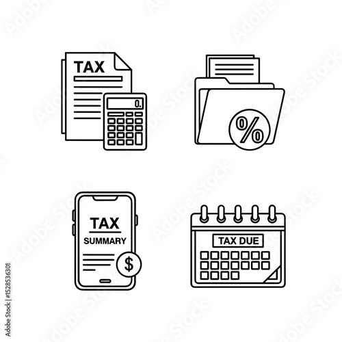Tax Preparation Icons Documents, Calculator, Mobile App, and Calendar