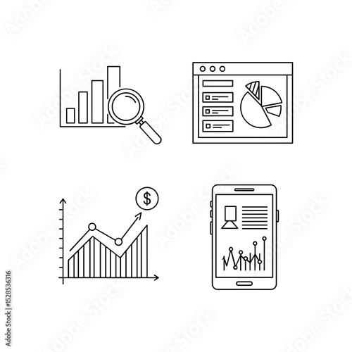 Black and White Line Art Icons of Data Analysis Charts and Graphs on Mobile and Web