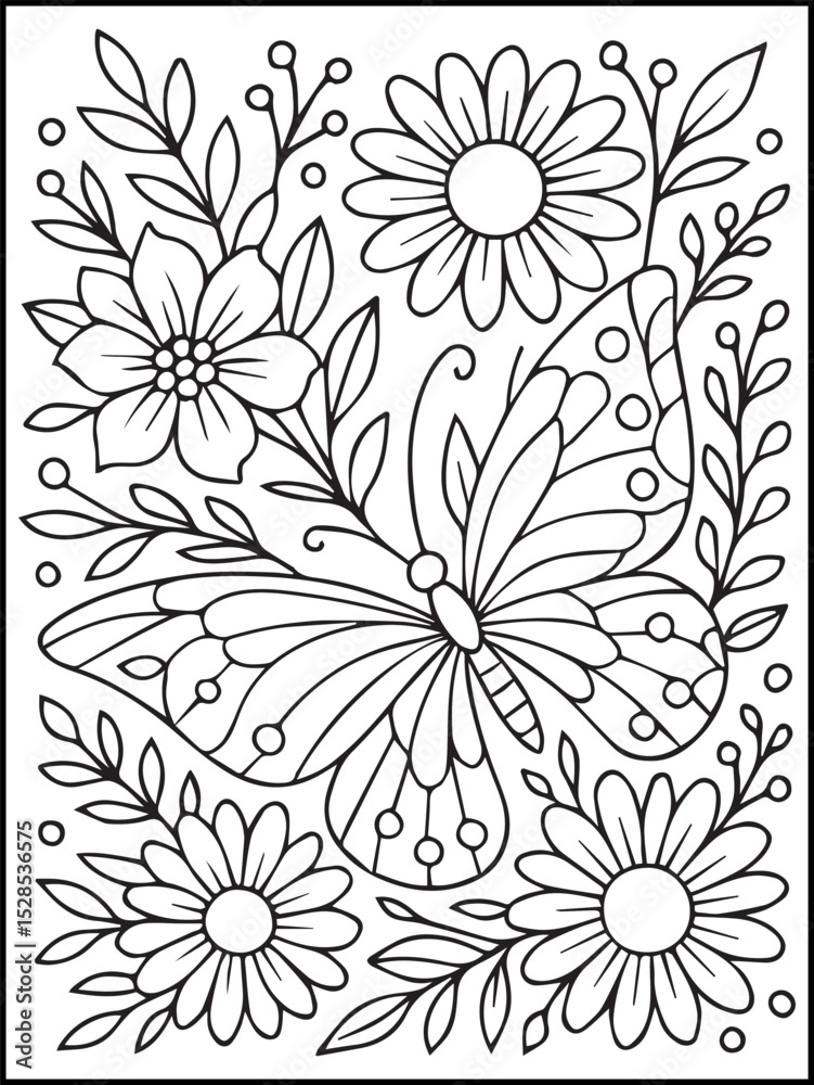Fototapeta premium Butterfly and Flower Coloring Page – Printable Black and White Floral Line Art for Kids and Adults to Relax and Enjoy Coloring Fun