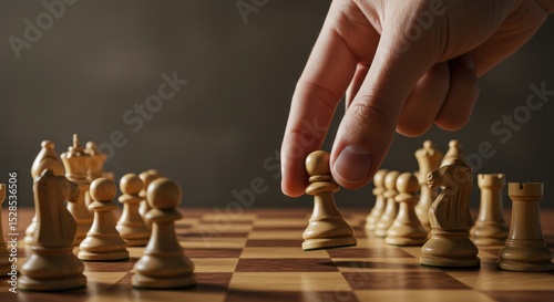 Hand moving chess piece on wooden board