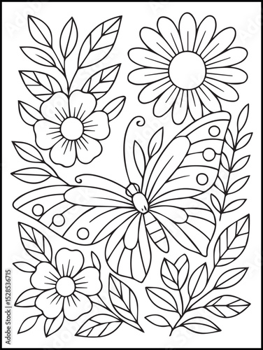 Butterfly and  Flower Coloring Page – Printable Black and White Floral Line Art for Kids and Adults to Relax and Enjoy Coloring Fun