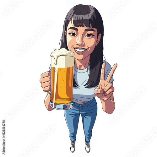 Girl Holding Beer and Peace Sign – Cheerful Vector for Youth Celebration