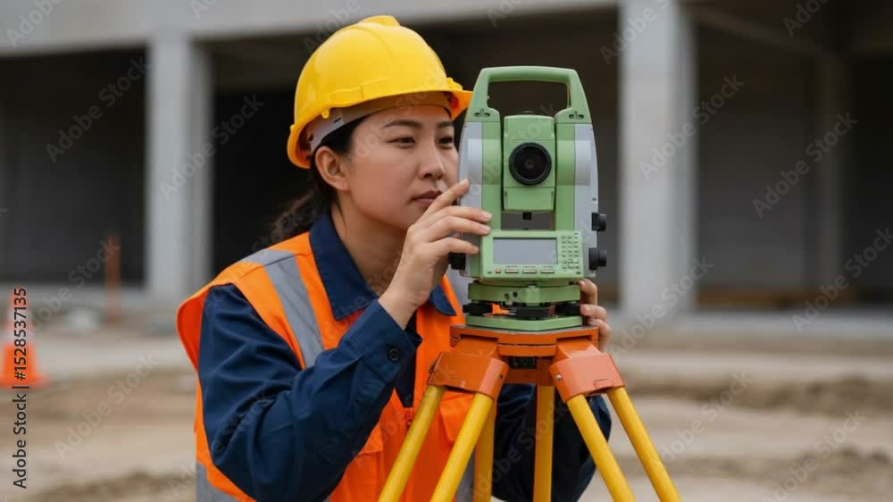 Female Surveyor Using Theodolite at Construction Site Female Surveyor Using Theodolite at Construction Site