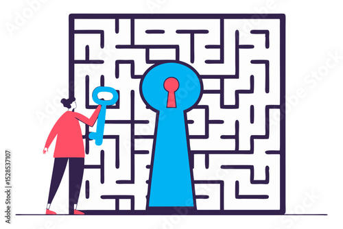 A person holds a large key in front of a maze with a keyhole, symbolizing the discovery of a solution to a complex problem or navigating challenges to find the answer.