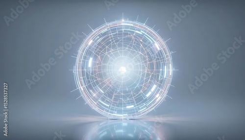 Futuristic Glowing Orb Circular Grid with Blue Illumination on Reflective Surface