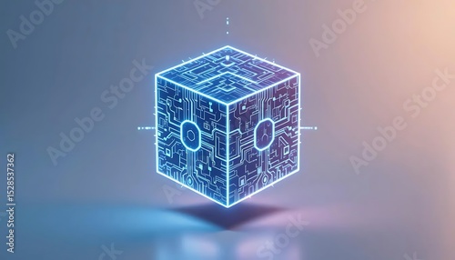 Abstract Glowing Blue Tech Cube Digital Circuitry on Soft Gradient Background