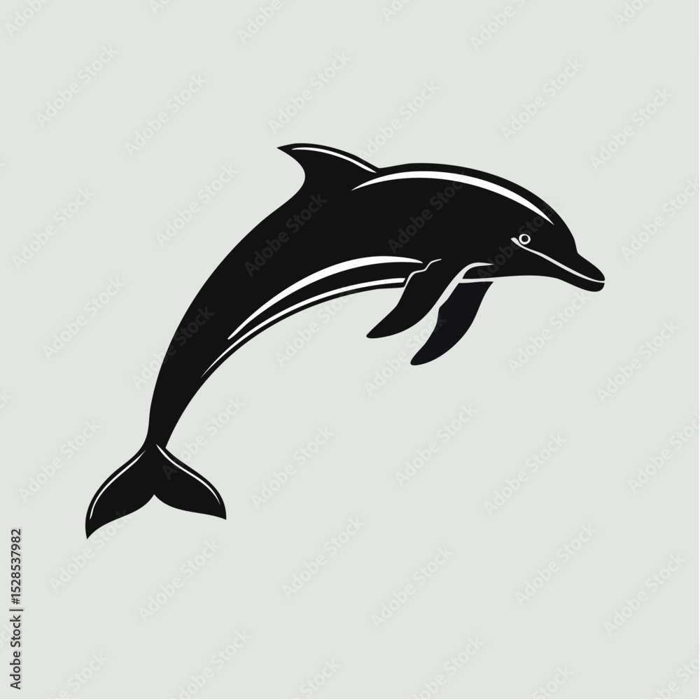 Fototapeta premium Black and white illustration of a leaping dolphin against a neutral gray background
