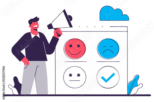 A vibrant illustration featuring a man holding a megaphone, standing next to a large panel displaying various feedback emojis and a checkmark, symbolizing customer reviews or public opinion.