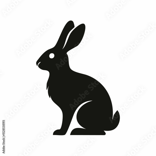 Silhouette illustration of a black hare or rabbit sitting on a white background