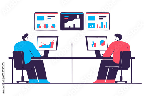A modern illustration featuring two professionals seated at their desks, each working on a computer displaying data visualizations, with three large screens above showcasing charts and graphs.