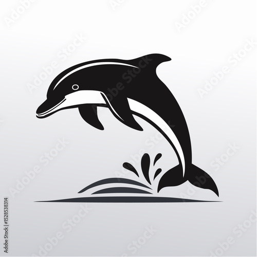 Vector illustration of a jumping dolphin in black and white over a light background.