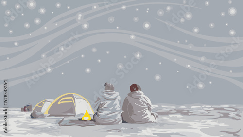Two campers peacefully observing snowfall by a tent in a desolate winter landscape